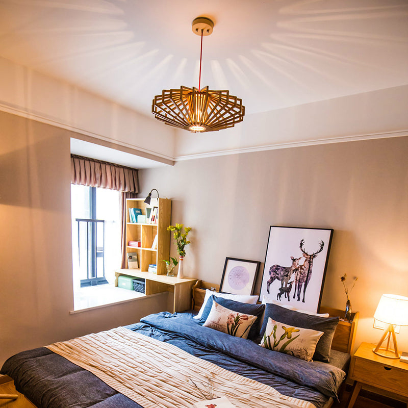 Beige Wood Shade Uccidmento a sospensione Nuovo ristorante di zucca 1 cinese Light Hanging Lampada