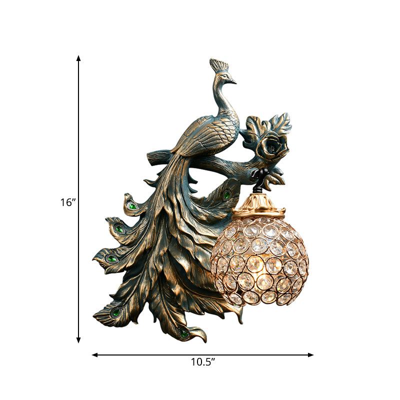 Accensione della parete di pavone in campagna Resina in bronzo 1 Lampada con funce murale del corridoio con tonalità a cupola in cristallo chiaro, sinistra/destra