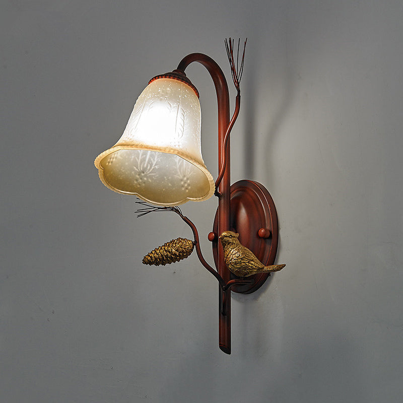 Bell Amber Glass Wall Lampada Country Style Country Style 1/2-Light Sogget Shoom Sconce Stipce With Bird Accent in Copper