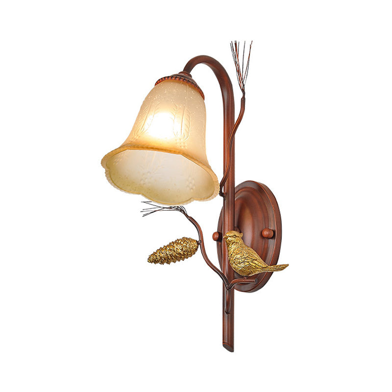 Bell Amber Glass Wall Lampy Style Country Style 1/2-Light Living Room Mur Murce Fixture avec accent d'oiseau en cuivre