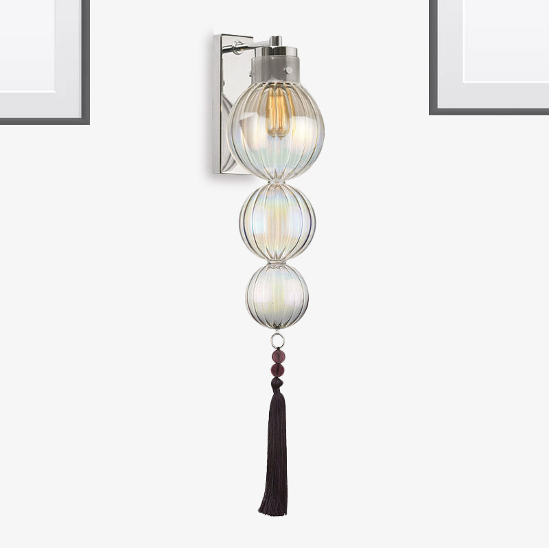 Brass/Chrome Finish Sphere Sconce Light Chinese Style 1 Bulb Clear/Amber/Light Blue Glass Wall Mount Lamp with Tassel Knot