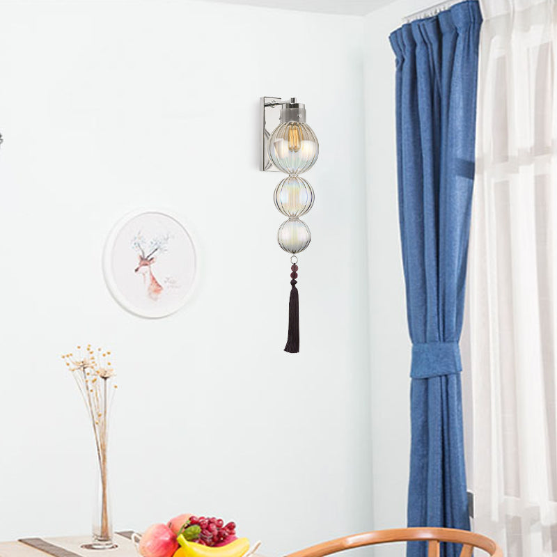 Brass/Chrome Finish Sphere Sconce Light Chinese Style 1 Bulb Clear/Amber/Light Blue Glass Wall Mount Lamp with Tassel Knot