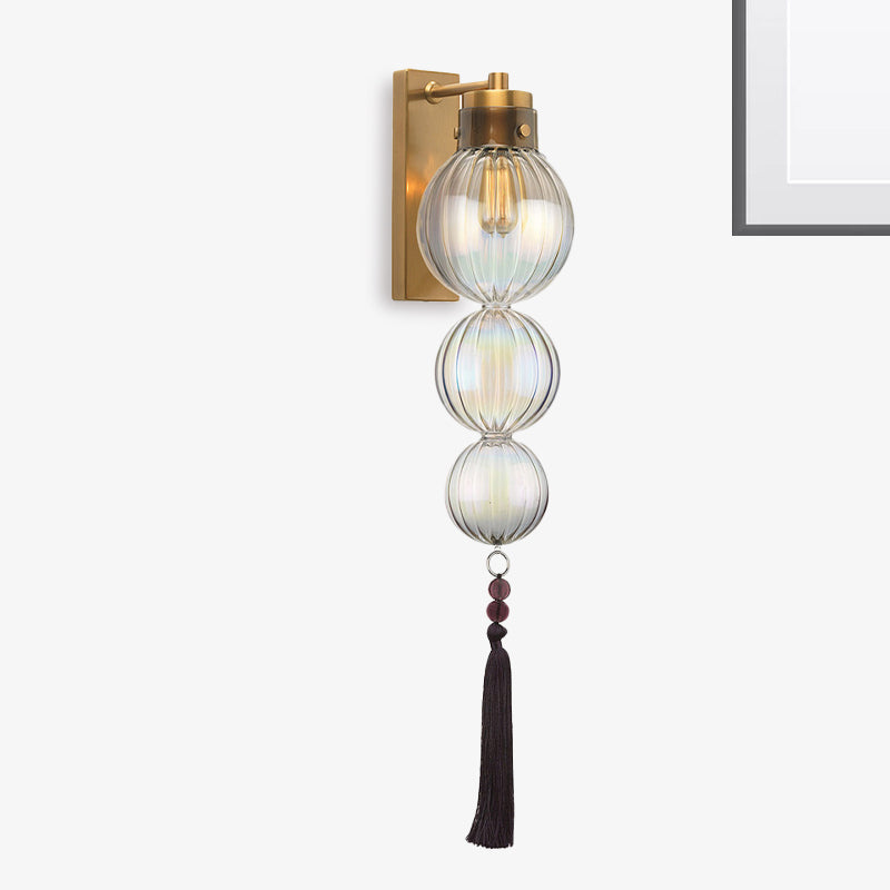 Brass/Chrome Finish Sphere Sconce Light Chinese Style 1 Bulb Clear/Amber/Light Blue Glass Wall Mount Lamp with Tassel Knot