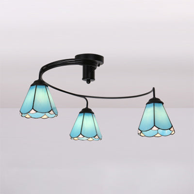 Beflecktes Glas Halbflushmount mit Schatten 3 Lichter Tiffany Style Halbbündige Deckenleuchte in Weiß/Klar/Blau