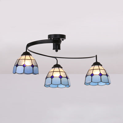Beflecktes Glas Halbflushmount mit Schatten 3 Lichter Tiffany Style Halbbündige Deckenleuchte in Weiß/Klar/Blau