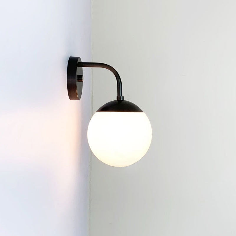 1 Bulb Bedside Sconce Light Minimalist Golden/Black Wall Lamp with Milky Glass Ball Shade