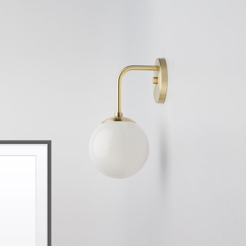 1 Bulb Bedside Sconce Light Minimalist Golden/Black Wall Lamp with Milky Glass Ball Shade