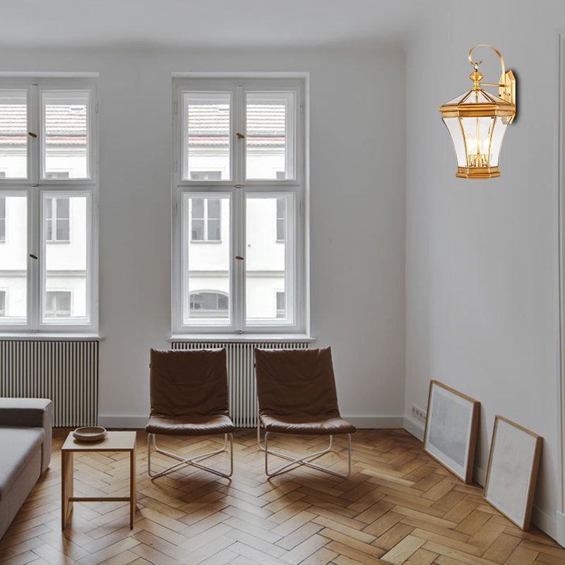 3-Head Lantern Wall Light Traditionalism Gold Metal Wall Sconce Lighting for Stairs