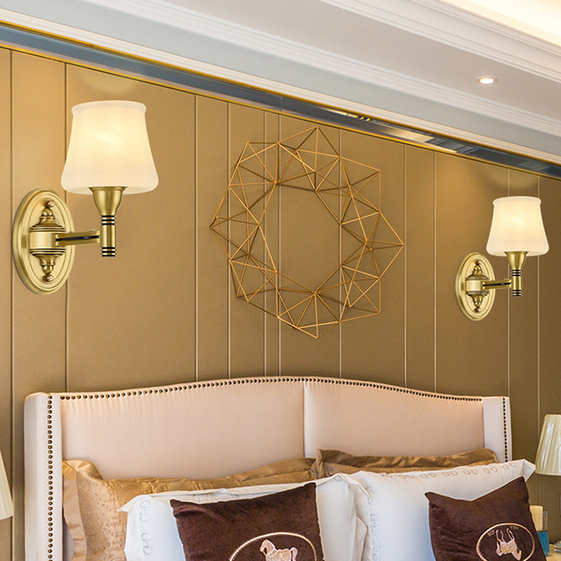 Brass Finish 1/2-Bulb Wall Light Vintage Stylish Milk Glass Cone Shade Wall Sconce Fixture for Bedroom