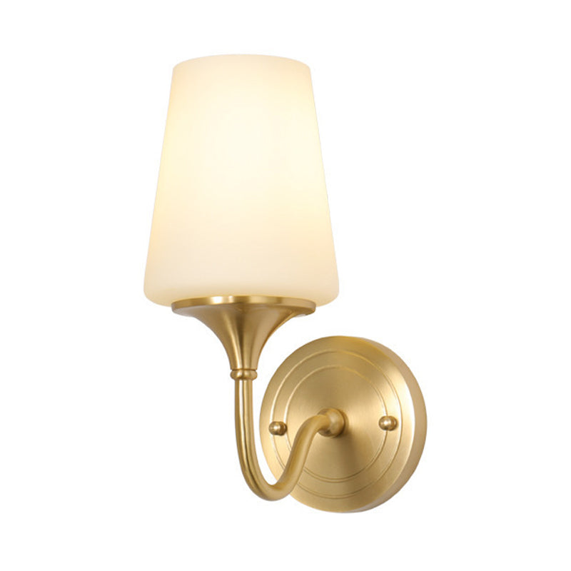 1/2-Bulb Cone Shade Wall Light Contemporary Style White Glass Wall Sconce Lighting in Brass for Bedroom