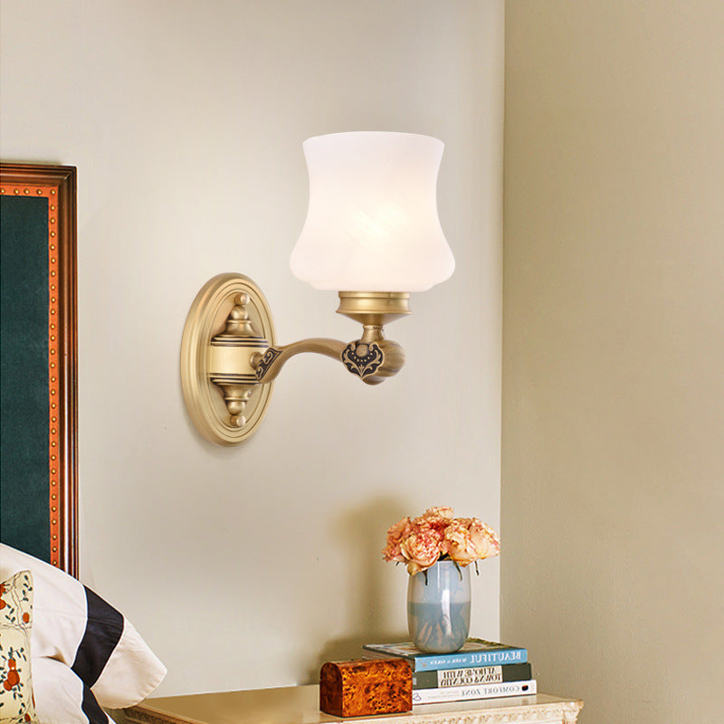 1/2-Head Wall Mount Lighting Vintage Style Bell Shade White Glass Sconce Lamp in Brass for Living Room