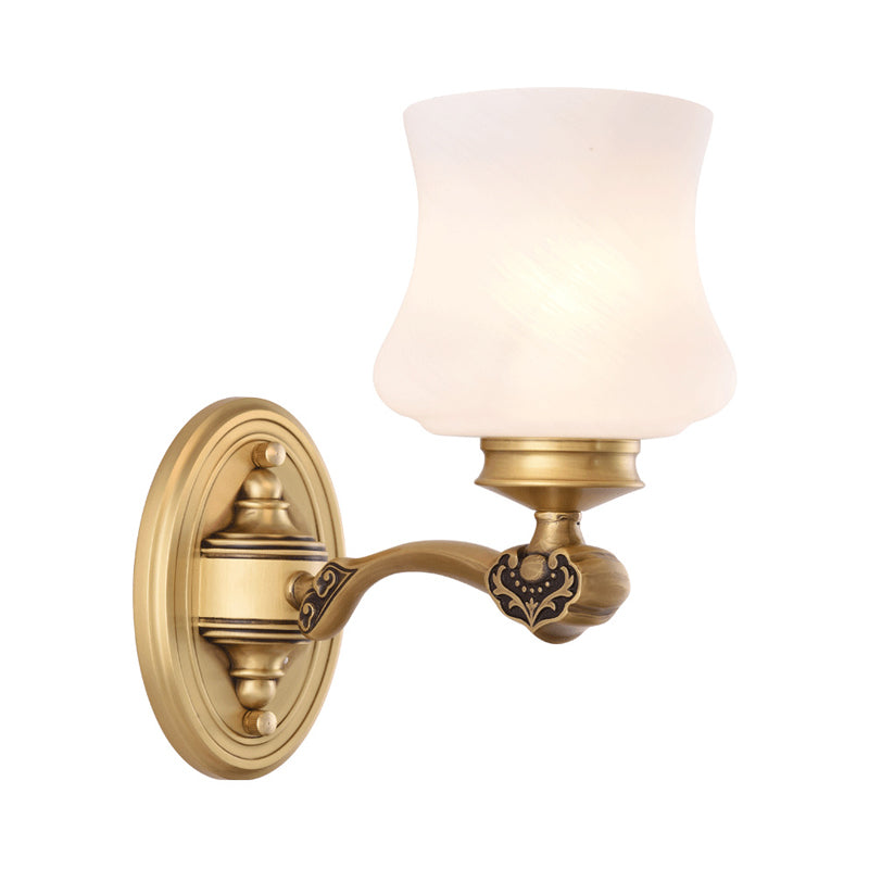 1/2-Head Wall Mount Lighting Vintage Style Bell Shade White Glass Sconce Lamp in Brass for Living Room