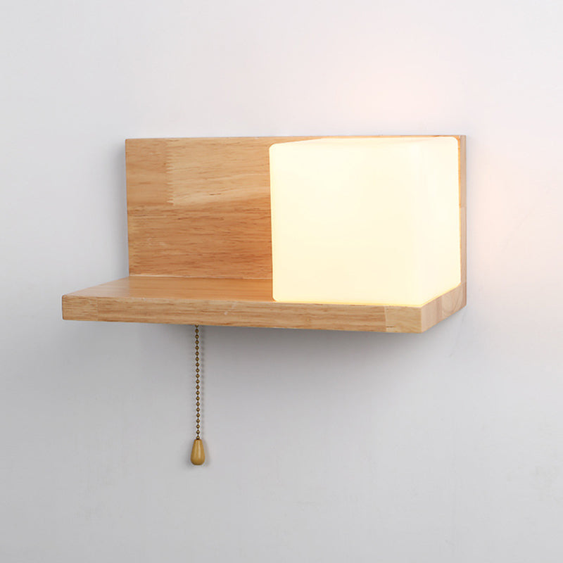 Nordic Style Solid Wood Wall Sconce White Square Glass Shade Wall Mount Light with Hand-pull Switch