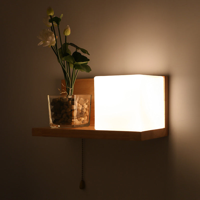 Nordic Style Solid Wood Wall Sconce White Square Glass Shade Wall Mount Light with Hand-pull Switch