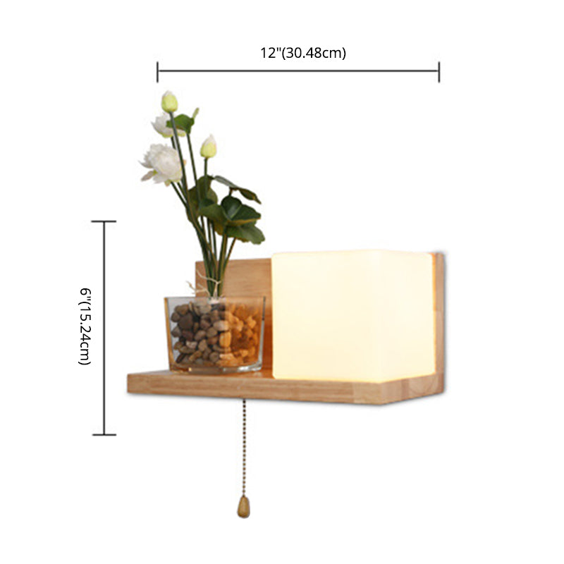 Nordic Style Solid Wood Wall Sconce White Square Glass Shade Wall Mount Light with Hand-pull Switch