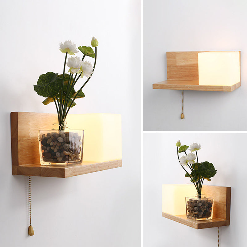 Nordic Style Solid Wood Wall Sconce White Square Glass Shade Wall Mount Light with Hand-pull Switch