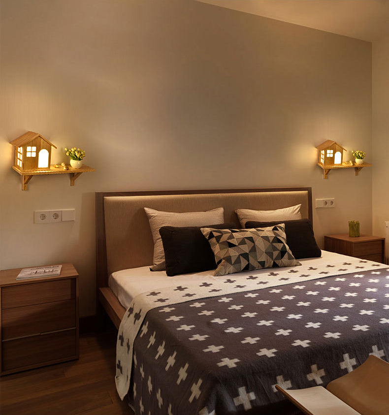 Wooden House-Shape Wall Light Fixture Modern LED Wood Wall Mounted Light Fixture
