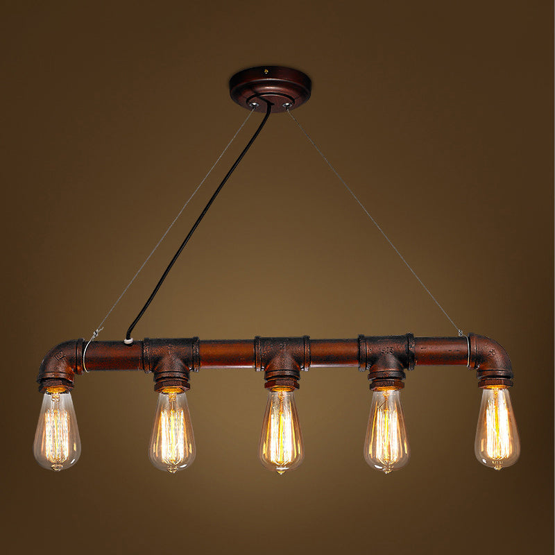 Vintage Industrial Bare Bulb Hanging Lamp Rust Iron Water Pipe 5 Light Island Pendant Light