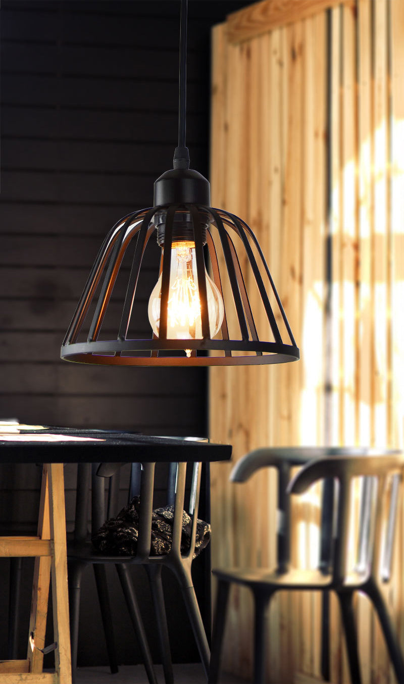 Luce a sospensione in metallo nero indsutriale retro ciotola a gabbia sospesa per ristorante