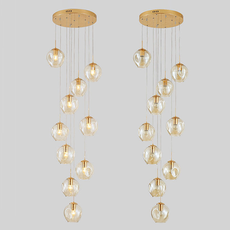 Dimpled Cup Shaped Cluster Pendant Minimalist Cognac Glass 10-Head Stairs Ceiling Light in Brass