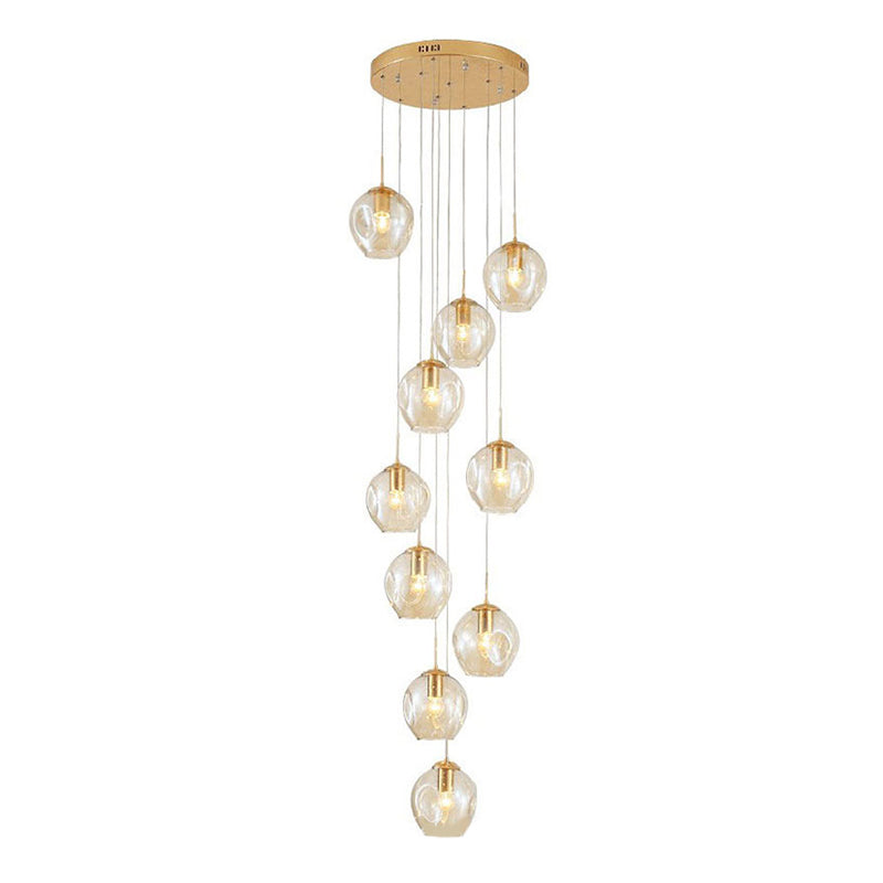 Dimpled Cup Shaped Cluster Pendant Minimalist Cognac Glass 10-Head Stairs Ceiling Light in Brass