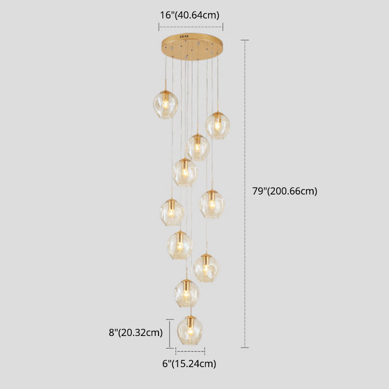 Dimpled Cup Shaped Cluster Pendant Minimalist Cognac Glass 10-Head Stairs Ceiling Light in Brass