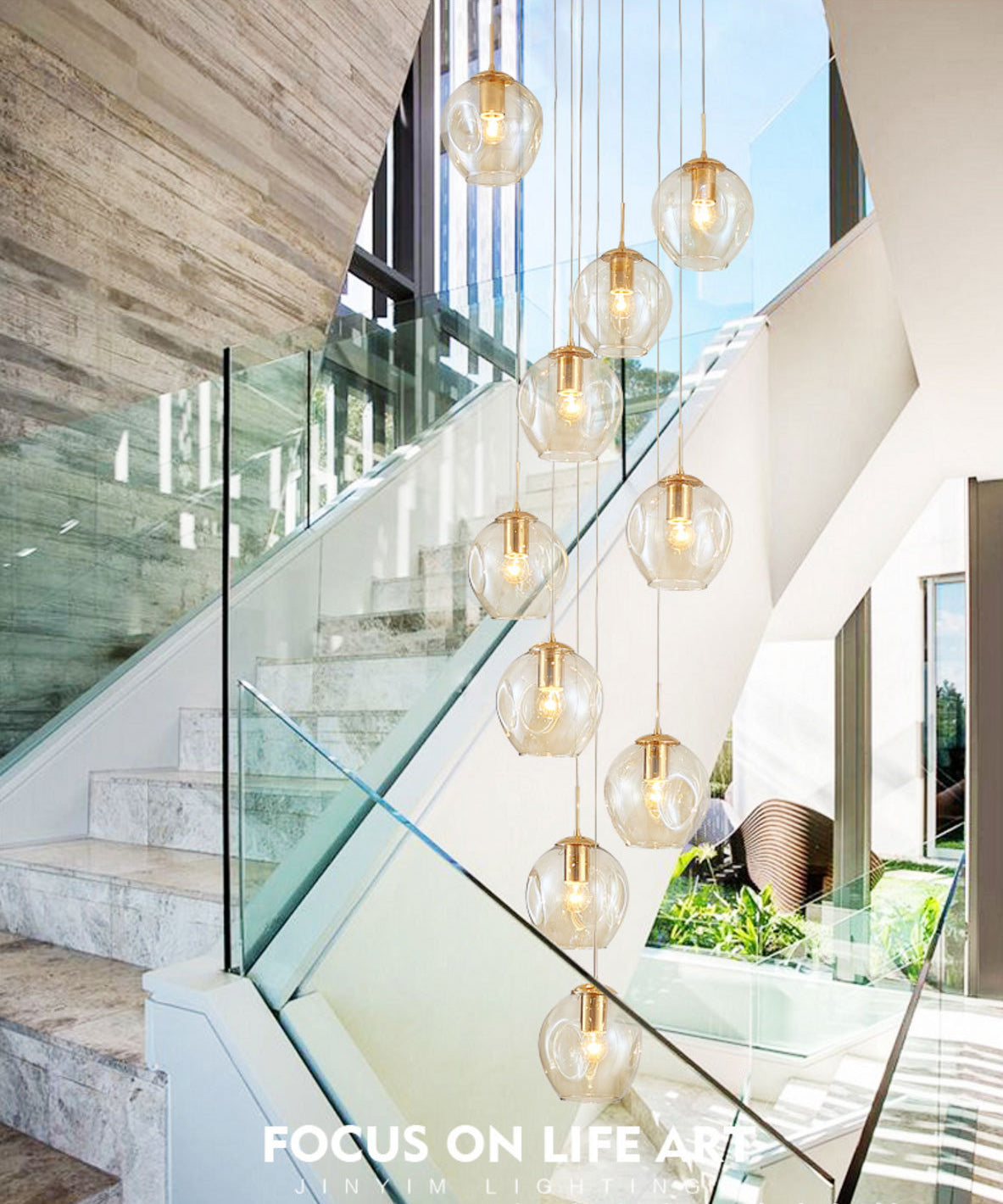 Dimpled Cup Shaped Cluster Pendant Minimalist Cognac Glass 10-Head Stairs Ceiling Light in Brass