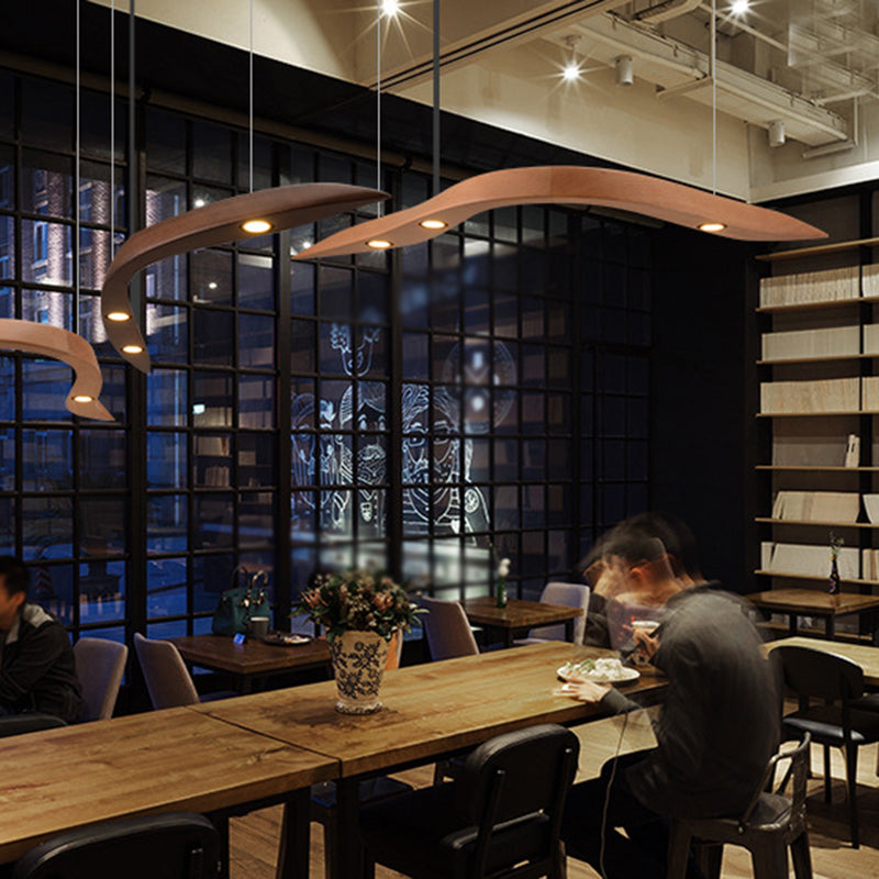 Minimalist Novelty 3-Light Pendant Curved Pendant Light with Wooden Shade for Bar