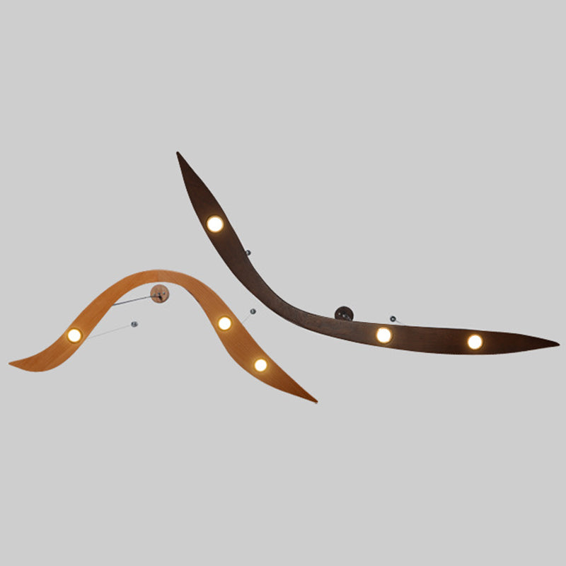 Minimalist Novelty 3-Light Pendant Curved Pendant Light with Wooden Shade for Bar