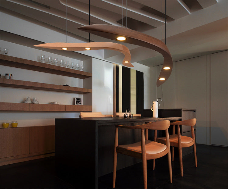 Minimalist Novelty 3-Light Pendant Curved Pendant Light with Wooden Shade for Bar