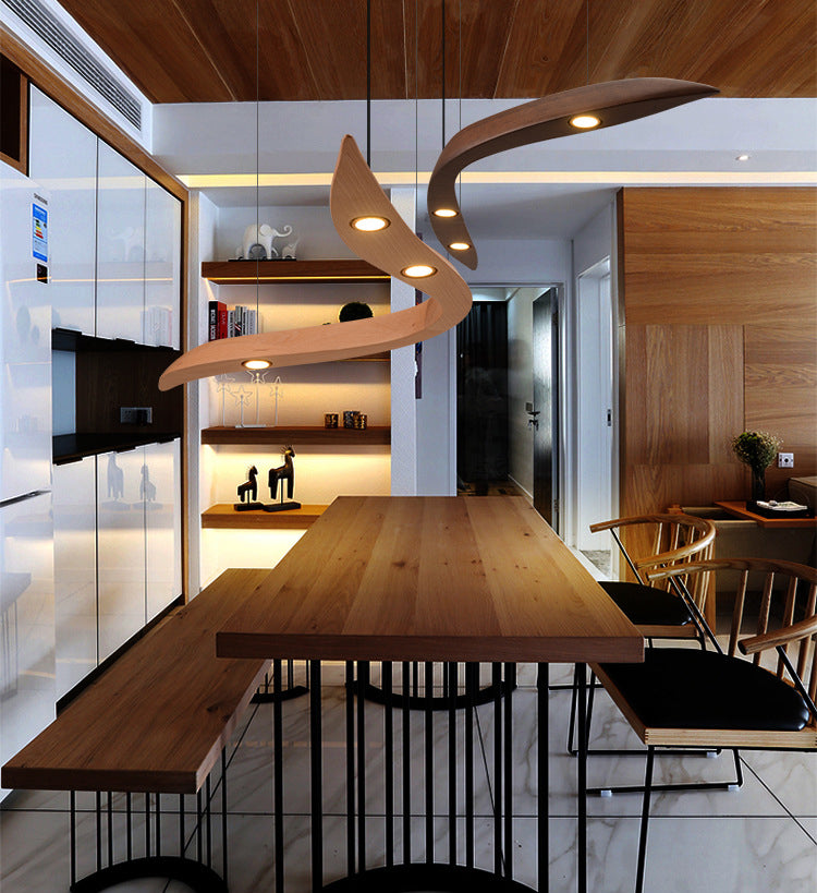 Minimalist Novelty 3-Light Pendant Curved Pendant Light with Wooden Shade for Bar