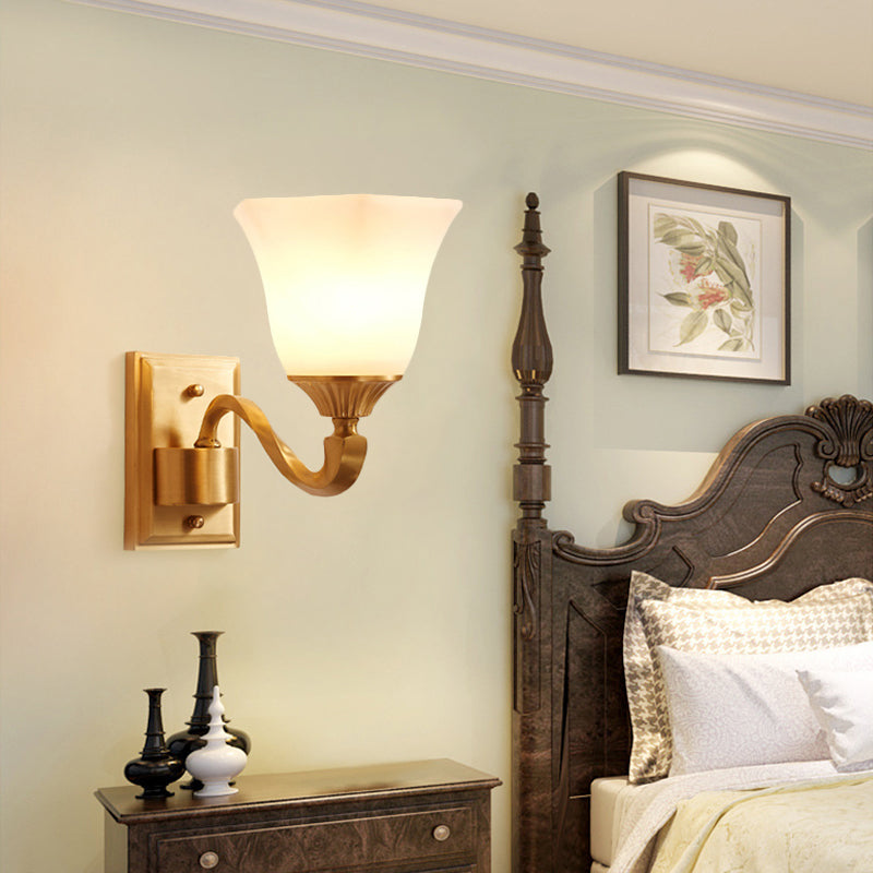 Brass Curved Arm Wall Light Modernism Style Metal 1/2-Light Bedside Wall Sconce Lamp with Opal Glass Bell Shade