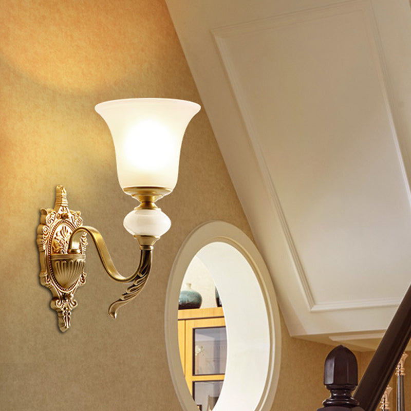 Classic Style Bell Wall Lighting Fixture 1 Bulb Frosted Glass Wall Mounted Light in Brass for Stairway