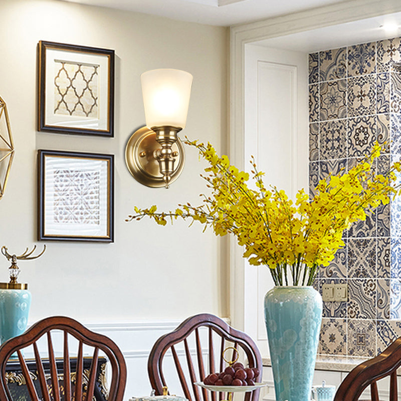 1-Head Sconce Light Fixture with Cone Shade White Glass Modernist Style Bedroom Wall Lamp in Gold