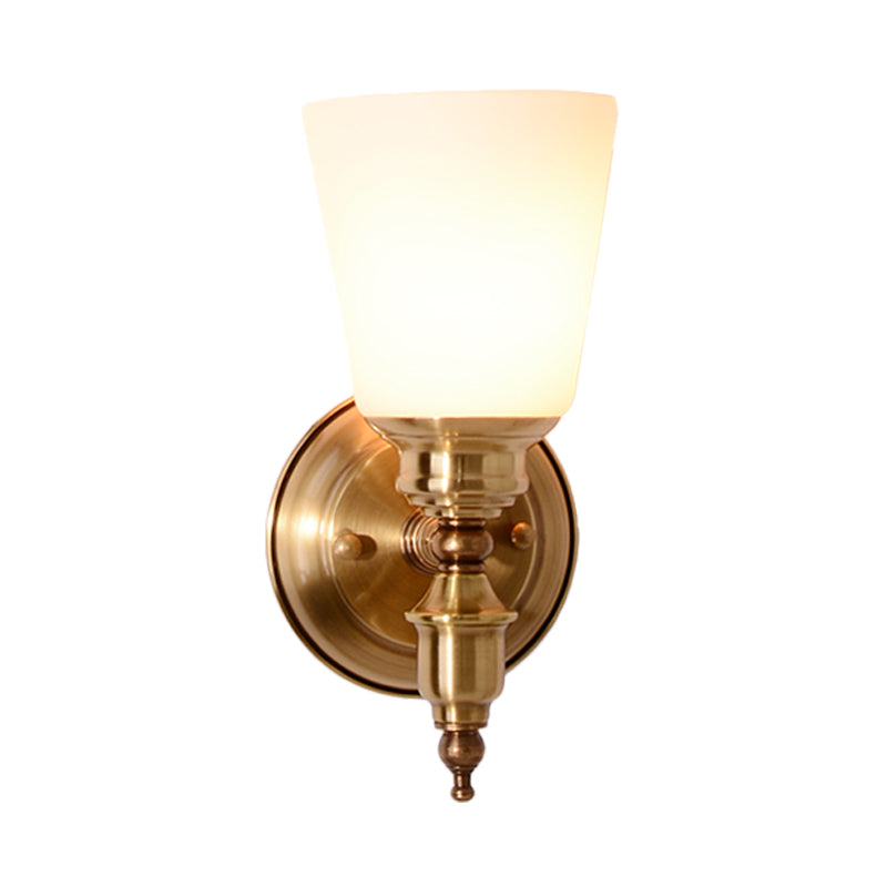 1-Head Sconce Light Fixture with Cone Shade White Glass Modernist Style Bedroom Wall Lamp in Gold