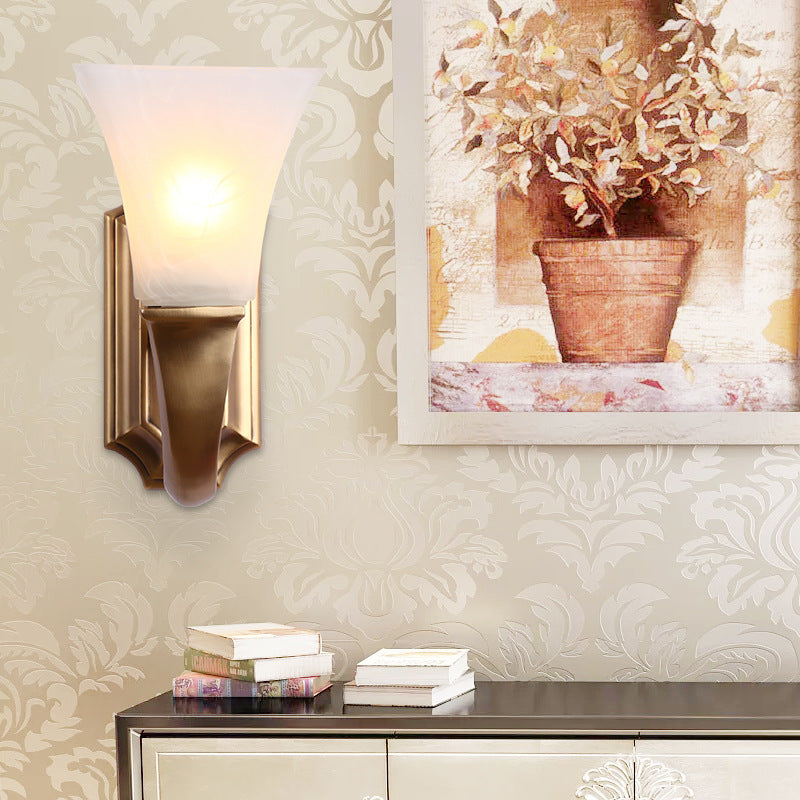 1 Bulb Sconce Light Fixture with Flared Shade Frosted Glass Vintage Style Bedroom Wall Mount Lamp in Gold