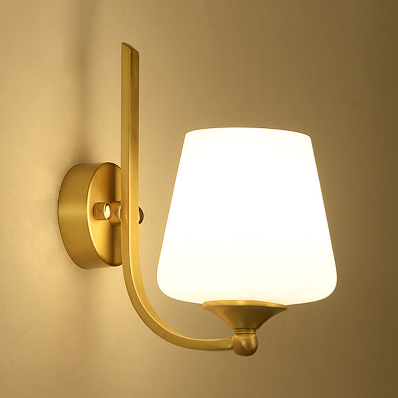 1 Bulb Sconce Lighting with Tapered Shade Milk Glass Modern Stylish Bedroom Wall Lamp in Brass
