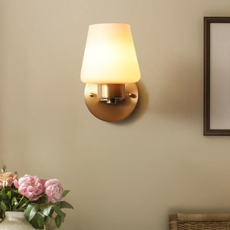 White Glass Conical Wall Sconce Modernism Style 1 Head Bedroom Wall Lighting Fixture with Brass Round Backplate