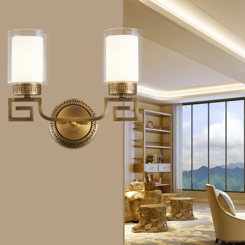 Cylinder Double Glass Wall Sconce Lamp Modernism Style 2 Lights Corridor Wall Light in Brass
