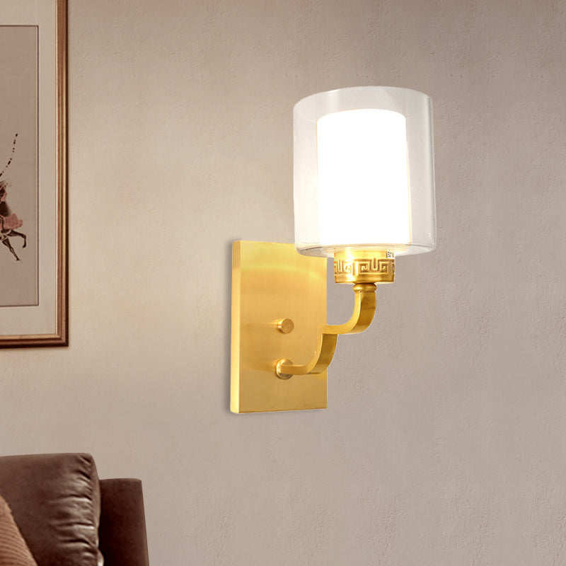1 Kopfwandbeleuchtung mit Zylinderschatten klar und weißes Glas moderne Schlafzimmer Wandleuchte im Messing