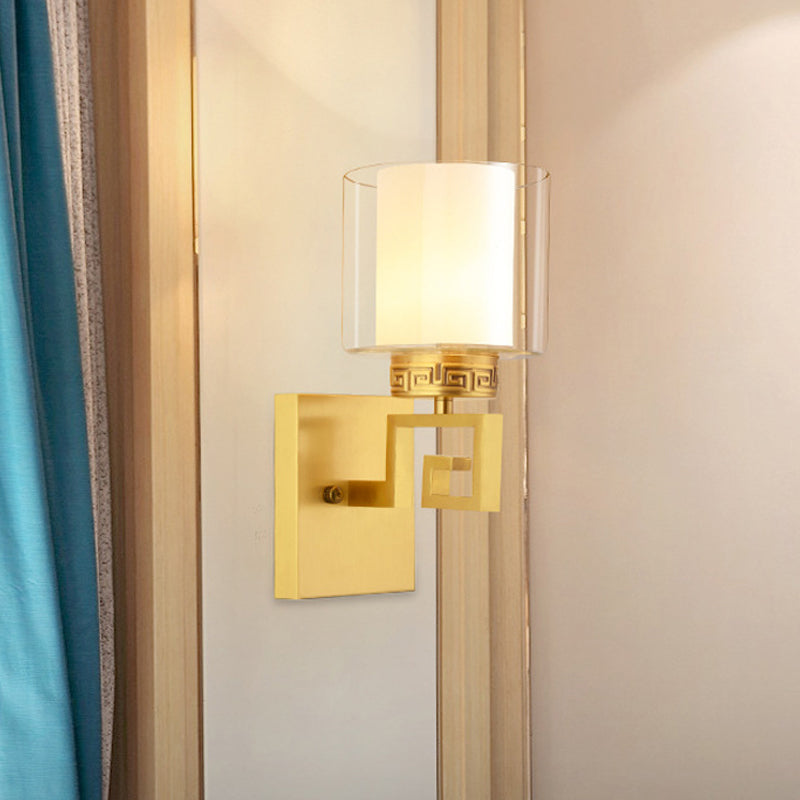 Brass Finish Drum Wall Mount Lamp Modern Style Double Glass 1 Light Hallway Wall Sconce