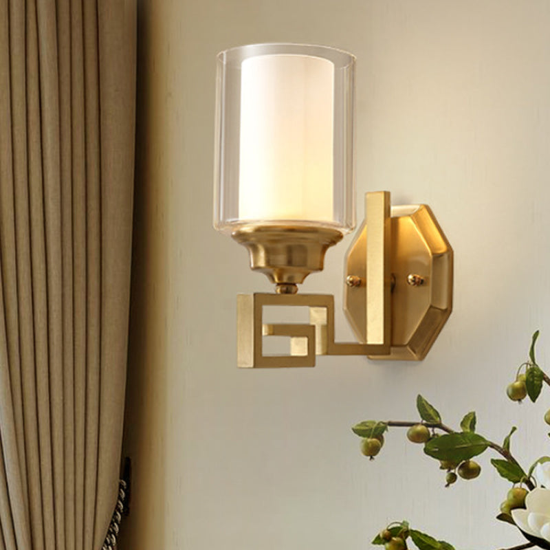 Cylinder Clear Glass Wall Sconce Modern Stylish 1 Light Living Room Wall Mounted Lighting in Brass