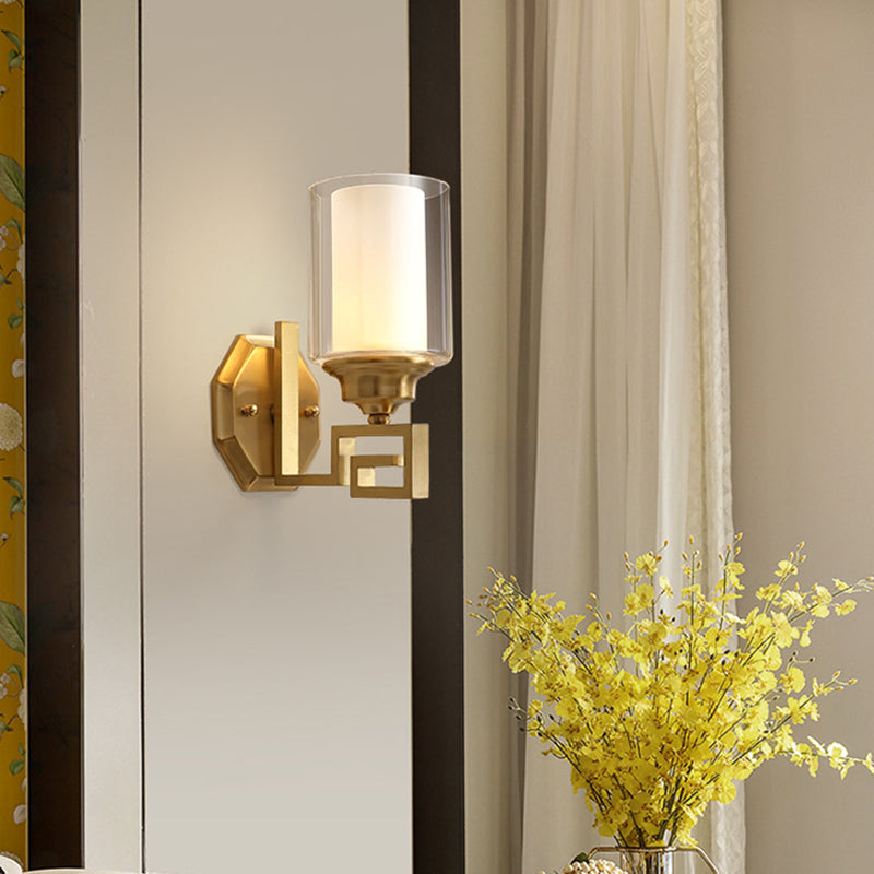 Cylinder Clear Glass Wall Sconce Modern Stylish 1 Light Living Room Wall Mounted Lighting in Brass