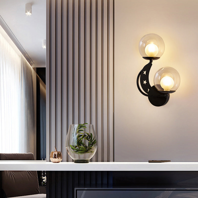 Left/Right Ball Wall Sconce Modern Style 2-Light Clear Glass Wall Mount Lamp Kit in Black/Gold