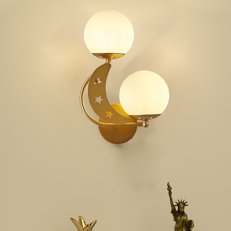 2 Bulbs Bedroom Sconce Light Contemporary Black/Gold Wall Lamp with Left/Right Milky Glass Ball Shade