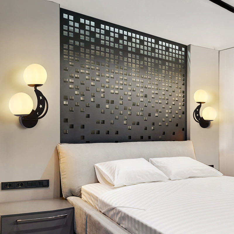 2 Bulbs Bedroom Sconce Light Contemporary Black/Gold Wall Lamp with Left/Right Milky Glass Ball Shade