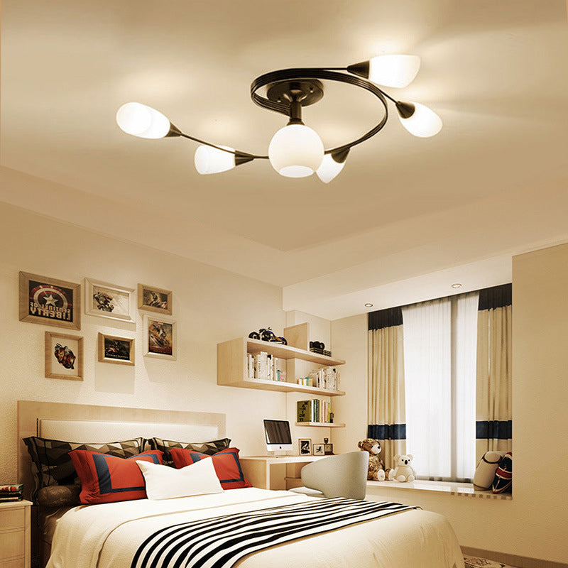 Curved Arm Flush Mount Lighting Traditional Minimalist White Glass Semi Flush Light for Bedroom
