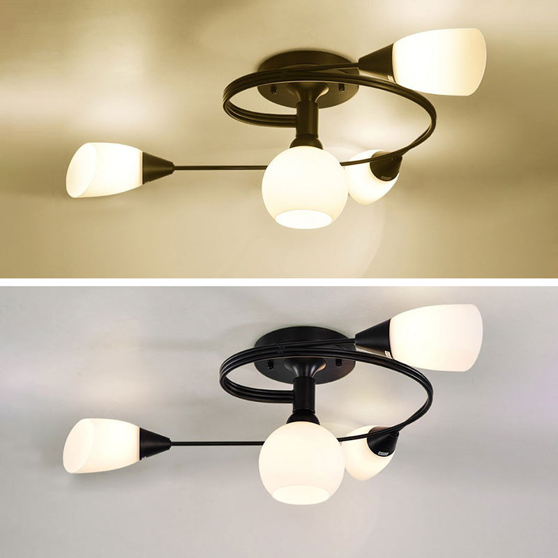 Curved Arm Flush Mount Lighting Traditional Minimalist White Glass Semi Flush Light for Bedroom