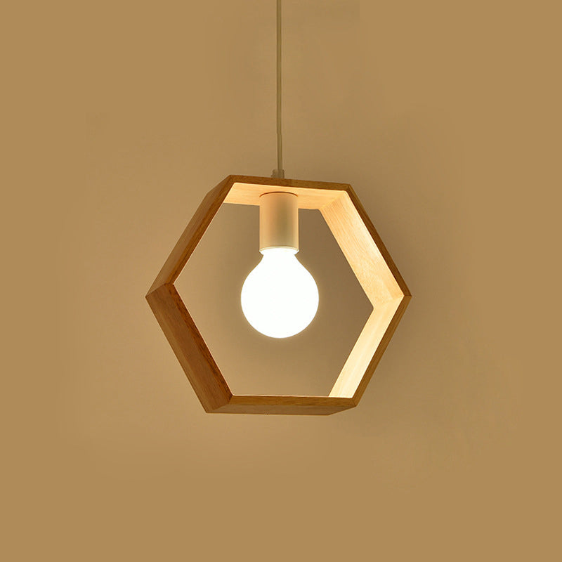Simple Geometric Wooden Pendant Light Fixture Single Light Exposed Bulb Hanging Light