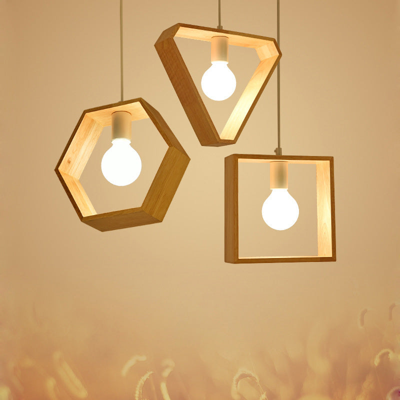 Luz de colgante de madera geométrica simple Bombilla expuesta Luz colgante